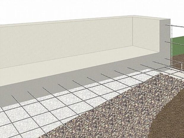 【ベタ基礎へのこだわり】基礎の立ち上がり部分の幅を、建築基準法より30ｍｍ大きく取る（外周・内部とも）ことで、基礎にかかる上下の力（せん断力）に対抗する力が増し、強い基礎ができます。