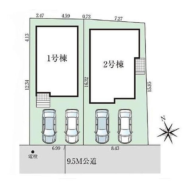 【全体区画図】明るく開放感あふれる前面道路は南西側9.5m!お車の出し入れも余裕があります◎カースペースは並列で2台ご用意♪
