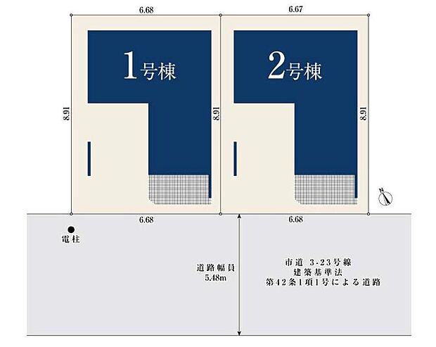 【全体区画図】カースペースは雨の日も安心のビルトインガレージ。前面道路は車通りが少ないため、駐車の際にもスムーズです♪
