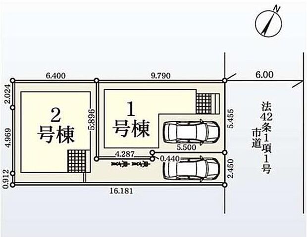 【区画図】駐車場1台スペースをしっかり確保！前面道路は６m以上で車の出し入れしやすいです。
