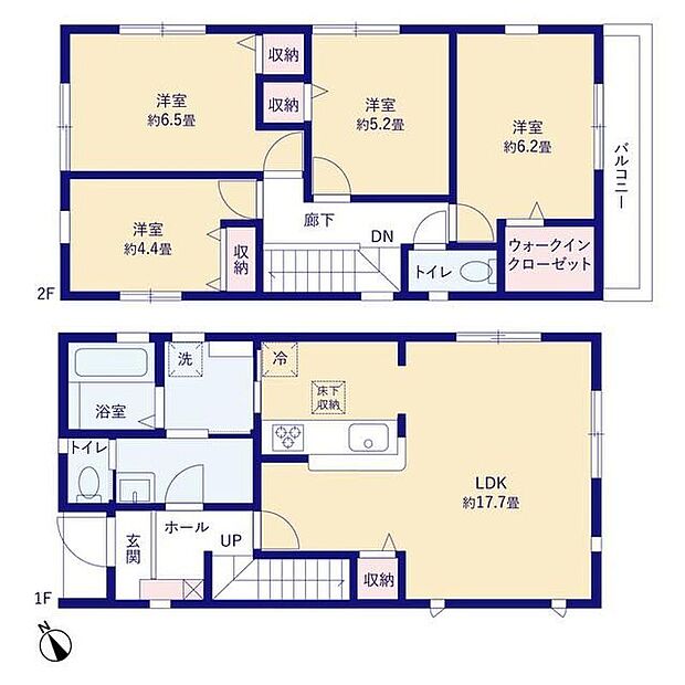 【4LDK】◇「行き止まり」のない回遊設計！家事や収納の動線が快適です♪◇ゆとりの17.7帖のLDK！対面式キッチン採用で空間に一体感があります♪◇2階に居室をまとめることでご家族のプライベート空間も確保♪