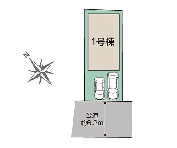 【全体区画図】カースペースは車種により2台分駐車可能です！前道が約6.2ｍあるので、車庫入れが苦手な方でも安心して入れられます。家族分の自転車を駐輪したり、来客用の駐車スペースとしてもお使いいただけます♪