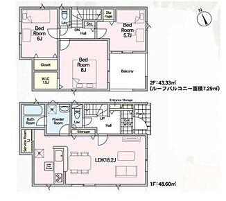 2階に居室をまとめてプライベートの時間も充実♪南向きのリビングは広々18.2帖！家具レイアウトの幅も広がります。キッチン裏には1帖の納戸スペース付き。パントリーなどにお使いいただけます◎ 