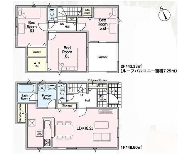 【3LDK+S】2階に居室をまとめてプライベートの時間も充実♪南向きのリビングは広々18.2帖！家具レイアウトの幅も広がります。キッチン裏には1帖の納戸スペース付き。パントリーなどにお使いいただけます◎