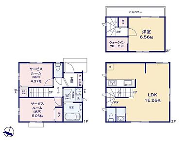◇1階にサービスルーム2ヶ所♪2面採光＆収納付きで居室にも◎◇LDK16帖超！3面採光でいつでも明るい印象です♪対面式キッチン採用！◇3階には大容量WIC＆バルコニー付きの主寝室をご用意♪ 
