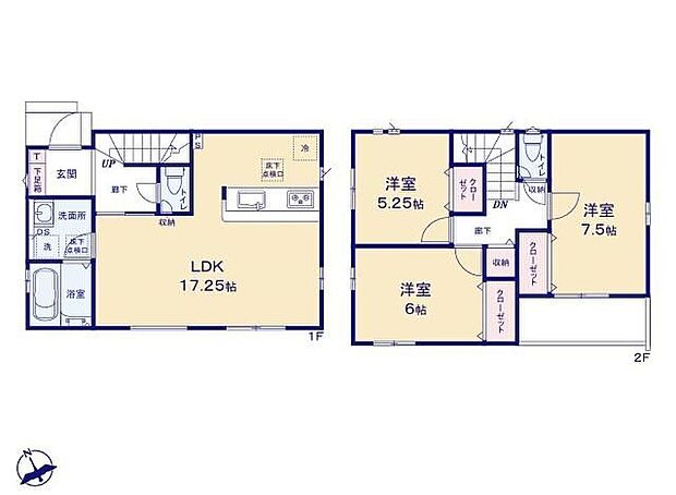 【3LDK】●広々17.25帖のLDK！対面キッチンからはLDK全体を見渡せます♪●天井部分は折上天井となっており、お部屋が広く見え開放感が生まれます。●個の時間を大切にする2階3部屋集約プラン♪