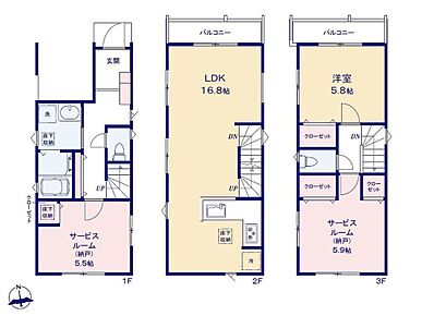 道路からの視線が気にならない2階リビングの3階建て♪玄関入ってすぐの洗面室は帰宅後にすぐ手を洗えて衛生的☆2か所のバルコニーは洗濯物とガーデニングを分けて使うのもおススメです◎ 