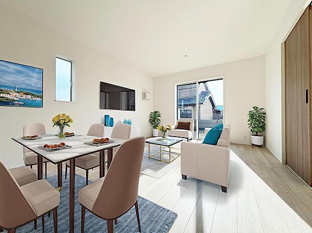 【３号棟】
心地よい明るい雰囲気のリビング♪採光は良好です！　　
家族団らんの時間も増えそうなくつろぎの場所になりそうです♪
※家具をCGで加工しています。家具付き販売ではございません。