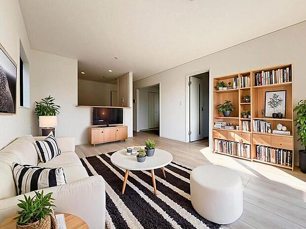 【３号棟】広々とした明るいリビング♪
対面式のオープンキッチンは、家事をしながら家族の様子が一目でわかる安心＆便利設備です♪※家具をCGで加工しています。家具付き販売ではございません。