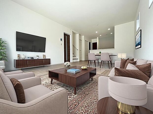 【リビング】広々とした明るいリビング♪
対面式のオープンキッチンは、家事をしながら家族の様子が一目でわかる安心＆便利設備です♪
※家具をCGで加工しています。家具付き販売ではございません。