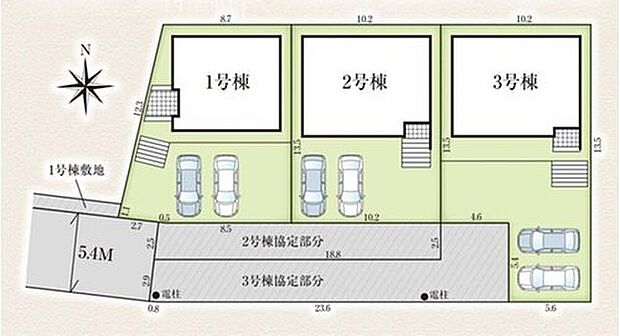 【全体区画図】全3棟☆各棟カースペース2台分有り♪南側が開けているため日当たりも良好です!