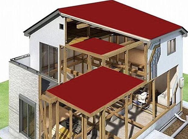 【横の力を面に伝える「水平構面」】天井裏は人が乗らない部分であるため、通常の床板を使用するのではなく、火打金物で強度を保つ。野地板は、屋根材の下地として構造用合板等の面材と垂木とで構成され、所定の条件を満たすことで水平構面の働きをします。
