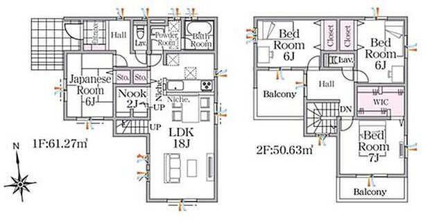 【4LDK】LDKは18帖♪お子様も喜ぶ秘密基地のようなヌックつき!全居室6帖以上で毎日をゆったり過ごせます☆2階へのアクセスが容易なリビング階段仕様♪バルコニー2か所つきで用途を分けて使用できます♪
