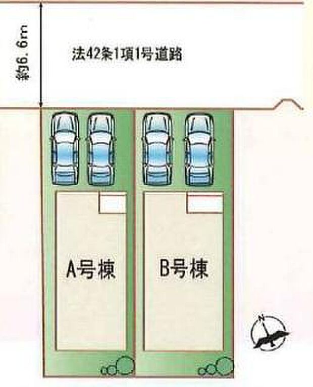 【全体区画図】前面道路ゆとりあり♪駐車２台可能☆