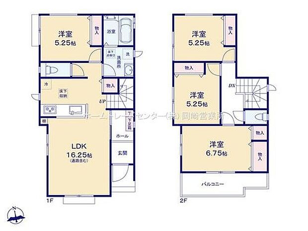 【4LDK】16帖超のリビングに直結の階段有り♪家族とのコミュニケーションを大切にします◎キッチン背面側に洋室があり、幅広い用途に使えます☆各居室収納付き♪南向きのバルコニー付き!