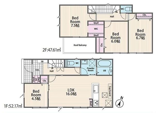 【4LDK】リビングから洗面～浴室へアクセスできる家事動線良好な間取り♪２階居室は全て６帖以上、南向きで日当たりも良好です☆ウォークインクローゼット、シューズクロークなど収納充実♪
