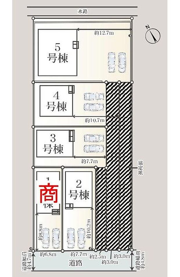 【区画図】２～４号棟は２階建て、５号棟は平屋建てのプランです！