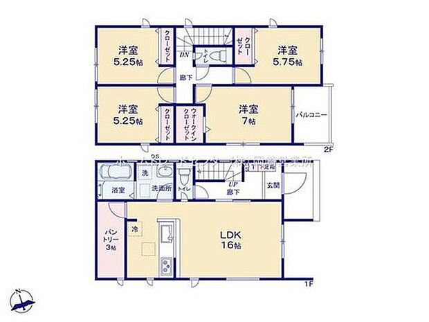 【4LDK】１６帖のリビングには３帖分の大型パントリー有り！食料品や調理器具などたっぷり保管できます☆２階に４部屋の間取りで個々のプライバシーも大切にできます♪