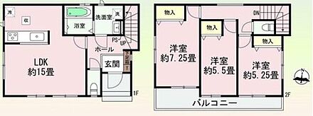 LDKはゆとりの１５帖♪全室南向きで明るい間取り☆対面式キッチンからはリビングで過ごす家族の様子がわかり安心です◎２階３部屋を繋ぐワイドなバルコニーはお洗濯も楽々♪ 