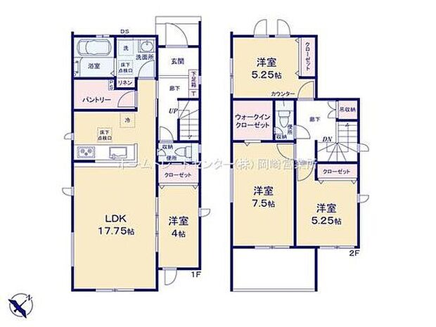 【4LDK】17帖以上の対面キッチンのあるリビング♪パントリーがついているので食料品の備蓄も一か所にまとめて保管できます!リビングから洗面~浴室へ抜けられるので家事動線も良好◎ワイドバルコニーつき!