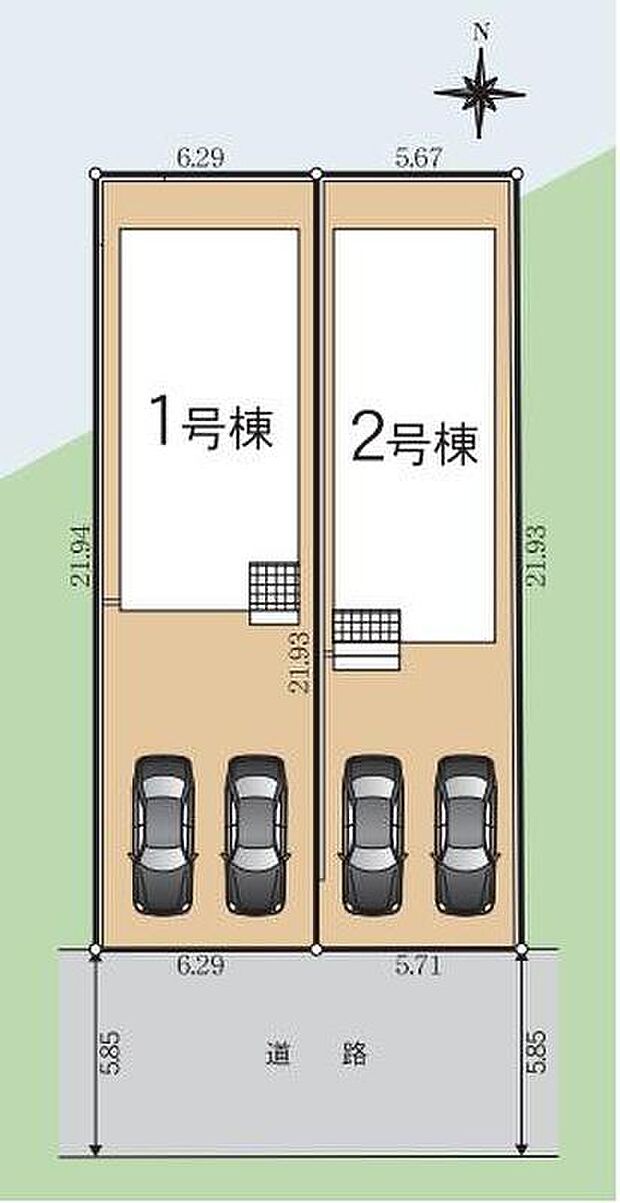 【全体区画図】前面道路幅員約5.85ｍ☆南面道路で日当たり良好です♪