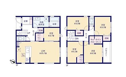 ゆとりある５ＬＤＫプラン！お料理中もご家族との会話が弾む対面キッチン採用☆１階、２階に大型ウォークインクローゼットつきで大きな荷物や家族の服がまとめて保管できます♪ 