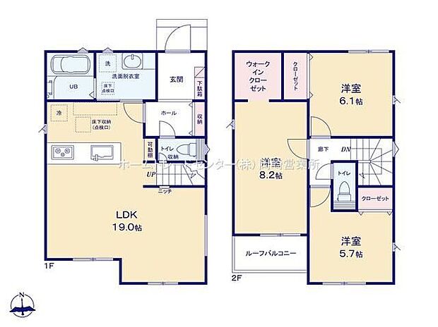 【3LDK】19帖の広々としたリビング☆2階へのアクセスが容易なリビング階段仕様です♪2階にウォークインクローゼット付きで季節ものもまとめて保管できます◎南向きのルーフバルコニー有り☆