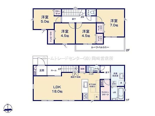 【3LDK】18帖の広々としたリビング☆ファミリークロークつきで家族の衣類をまとめて保管できて便利です◎全室南向きの日当たりを考えた間取り♪ワイドなルーフバルコニー有り☆
