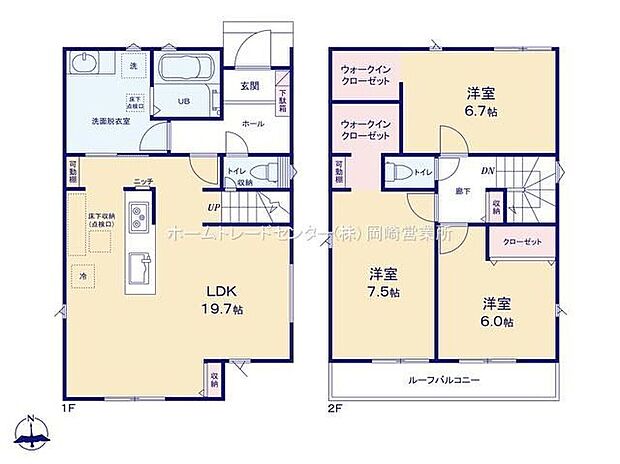 【3LDK】19帖以上の広々としたリビング☆水回りが集中しており家事動線良好な間取り♪2階居室は全て6帖以上で一人の時間もゆったり過ごせます◎南向きのルーフバルコニー有り☆