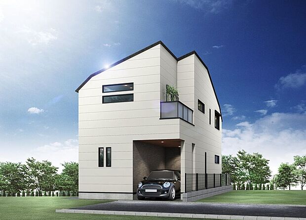 【完成イメージパース】2階建てのすっきりとした外観デザインが魅力。スタイリッシュかつ開放感のある住まいです。