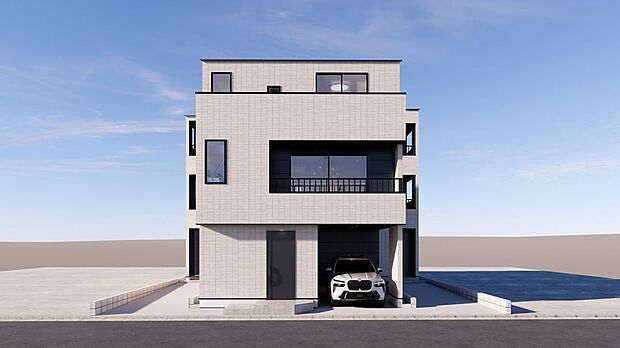 【完成イメージパース】日当たりの良い開放的な外観。シンプルで飽きのこないデザインが魅力です。