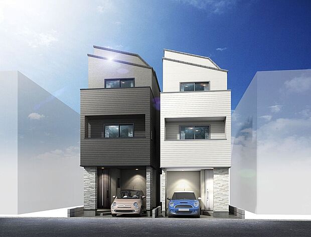 【完成イメージパース】落ち着いた色調と端正なフォルムが印象的な2棟。シンプルながらも上質さを感じる佇まいです。