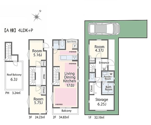 【A棟間取図】3SLDK+車庫付き広々リビングに加え、個室も充実した4LDKプラン。家族が増えてもゆとりを感じられる、暮らしやすさを考えた間取りです。