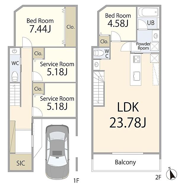 建物プラン例(A区画)2LDK+2S、建物価格2260万円、建物面積108.36m2