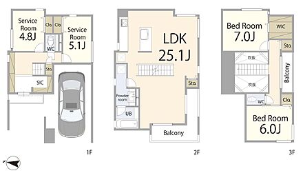 【1号棟間取図】  収納や書斎にも使えるサービスルームを備えた2LDK+2S。夫婦ふたりの暮らしや、これから家族が増える方にもぴったりの間取り。 