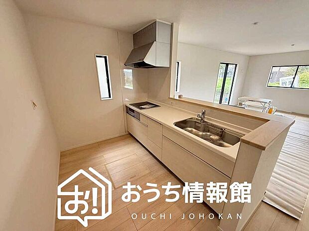 【現地写真（キッチン）】収納たっぷりのシステムキッチン、浄水器付水栓を標準装備しています。