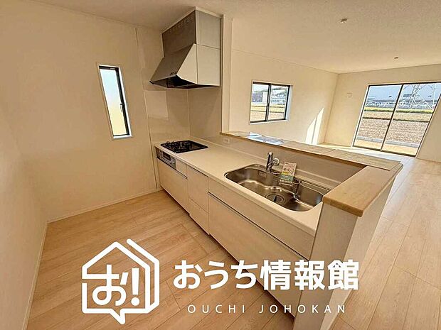 【現地写真（キッチン）】収納たっぷりのシステムキッチン、浄水器付水栓を標準装備しています。