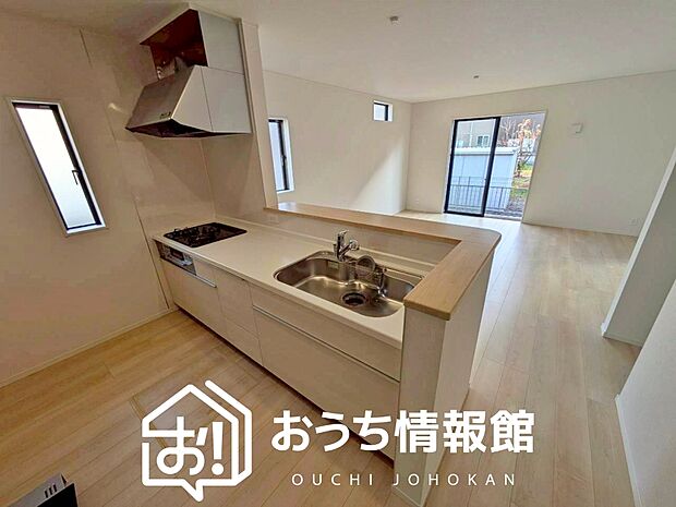 【現地写真（キッチン）】収納たっぷりのシステムキッチン、浄水器付水栓を標準装備しています。