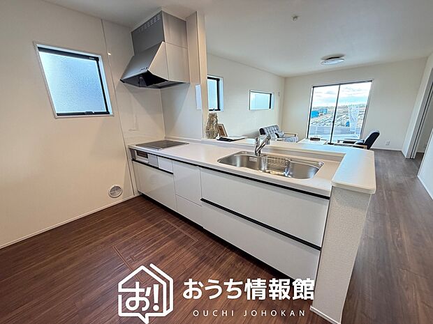 【現地写真（キッチン）】収納たっぷりのシステムキッチン、浄水器付水栓を標準装備しています。