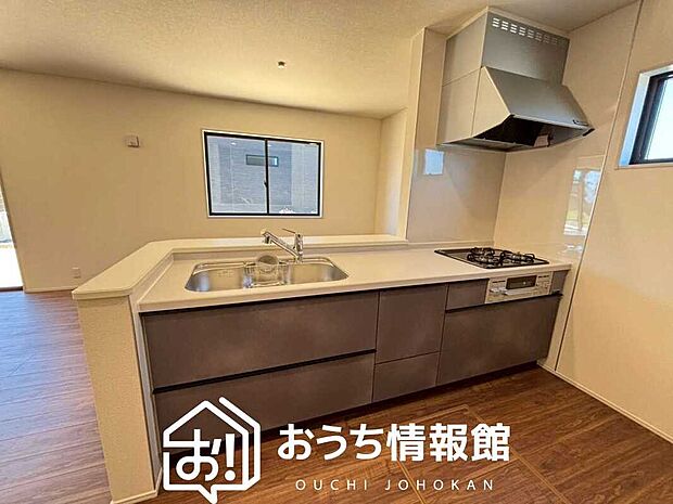 【現地写真(キッチン)】収納たっぷりのシステムキッチン、浄水器付水栓を標準装備しています。