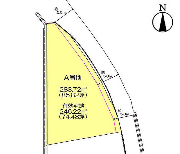 土地面積：283.72ｍ2
セットバック：37.50ｍ2

有効宅地面積：246.22ｍ2（74.48坪）