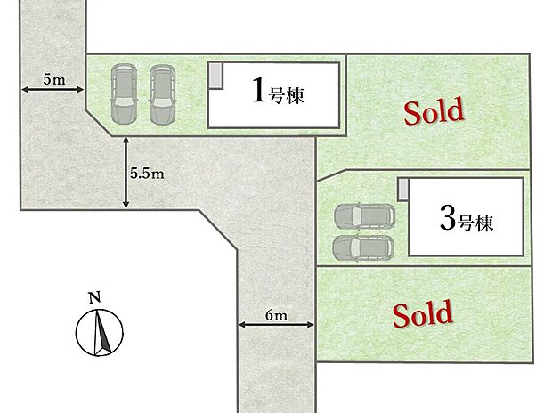 【全体区画図】
「三鷹」「武蔵境」「調布」駅までバスで利用することが可能な立地！カースペース2台分確保されているゆとりある敷地！