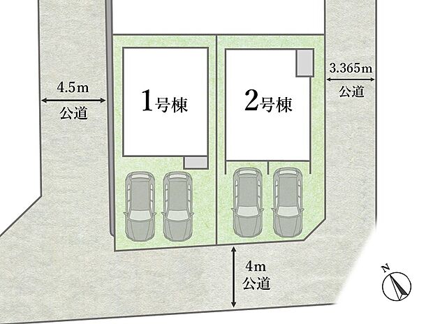【全体区画図】
南東角地に佇む陽当たり・通風良好な邸宅が全2棟で誕生!
カースペースが2台分確保されたゆとりある敷地!