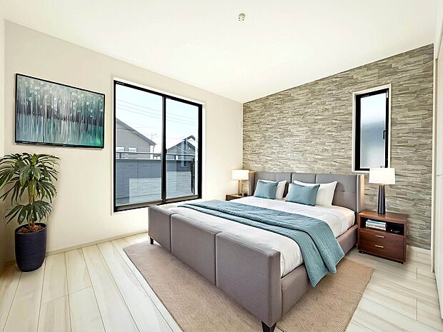 【施工例：Room】
全室2面採光が標準仕様となっているため、どの居室も陽当たり・通風良好、圧迫感なく居心地の良い空間となっています。