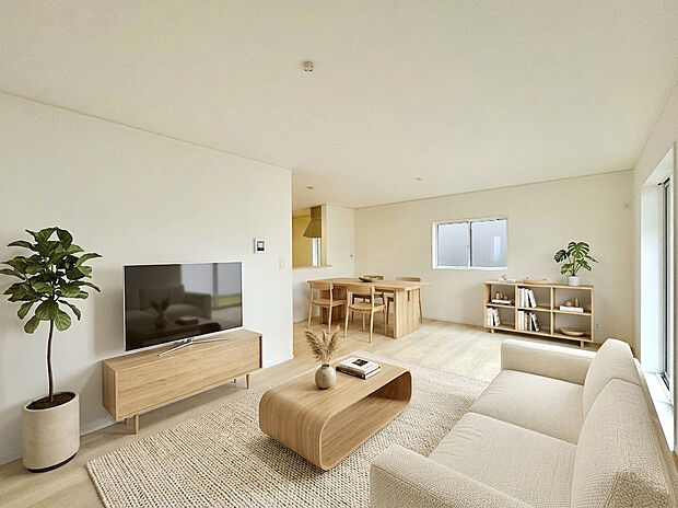 【LDK：1号棟】
LDK18帖超×4部屋のゆとりある住まい。
人気のカウンターキッチン設計でリビング全体を見渡すことができる開放的なプランニング。
本画像はCGで作成しております。