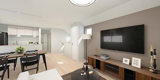 【【建物イメージパース LDK:C号棟】】リビングに床暖房が標準設備しているため、冬場の寒い時期でも足元から温まることが出来ます。埃が舞う心配も減り、小さなお子様も安心して過ごすことが出来ます。
