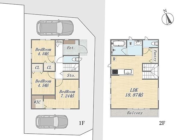 【【参考プラン：1号地】】Plan：3LDK+WIC+Pantry+カースペース2台可
建物参考価格：2300万円
建物面積：88.18m2
※建物参考価格（2300万円）には設計・外構・地盤改良費等は含まれていません。