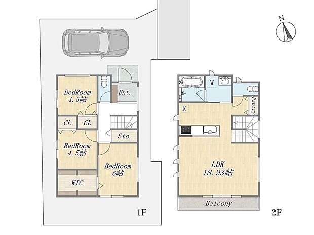 【【参考プラン：2号地】】Plan：3LDK+WIC+Pantry+カースペース
建物参考価格：2300万円
建物面積：87.77m2
※建物参考価格（2300万円）には設計・外構・地盤改良費等は含まれていません。