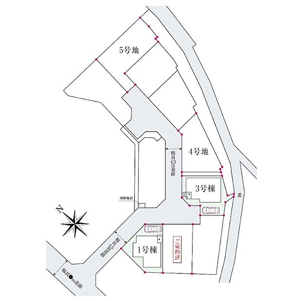 【全体区画図】
全5区画中の4邸を販売中です。前面道路幅は約4.5m。分譲地内は通り抜けができないため、住民以外の往来が少なく、小さなお子様がいるご家庭も安心の環境です。
