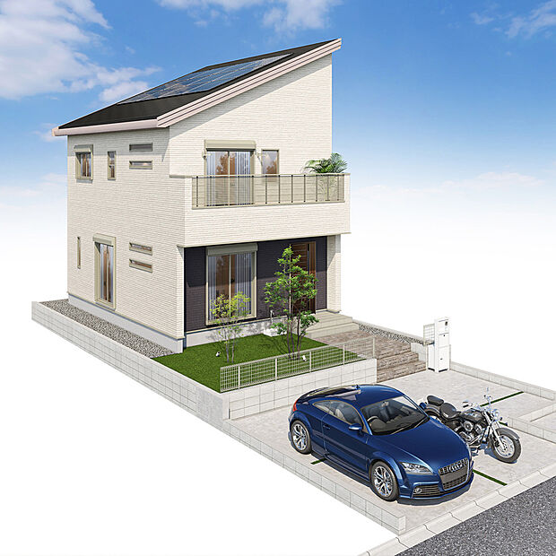 【3号棟/完成予想図】
明るく柔らかな色味の外壁×片流れの屋根がモダンな印象。パントリーやWIC、小屋裏収納など適材適所に収納を設けました。